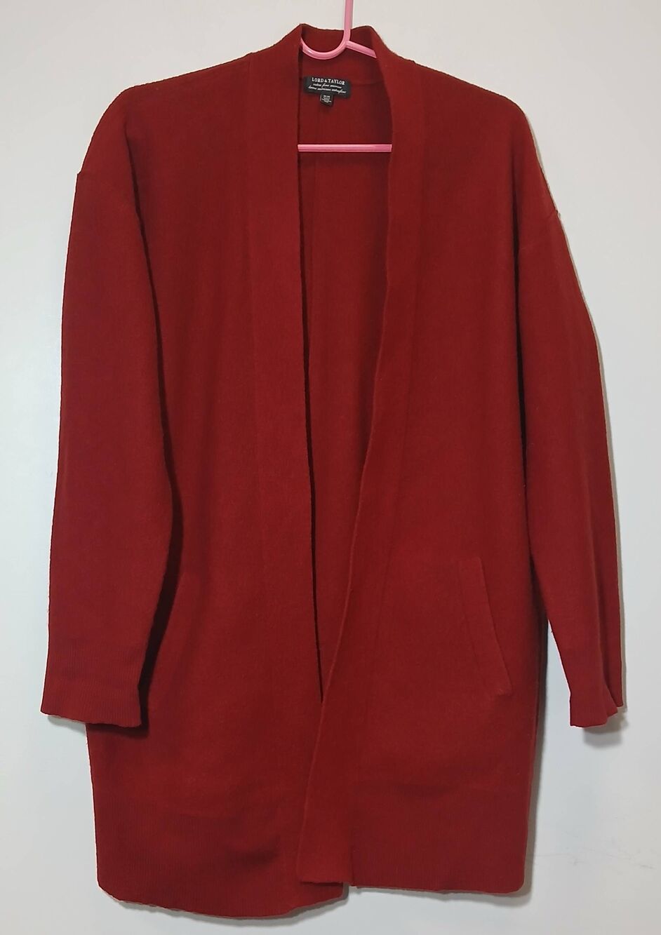 Lord and Taylor womens medium long merino wool jacket red pockets